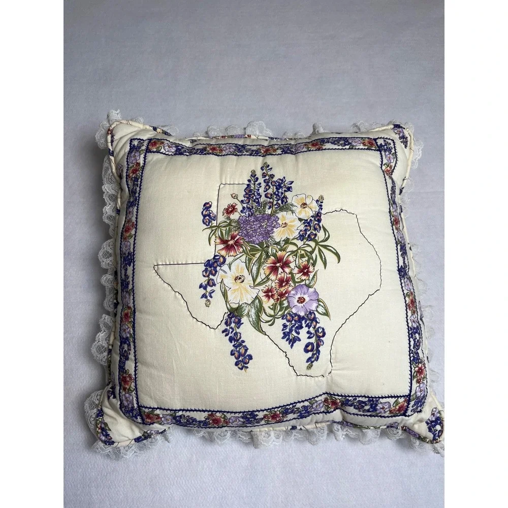 Vintage Texas Bluebonnets Wildflower Lace Trim Throw Rustic Cottagecore Pillow